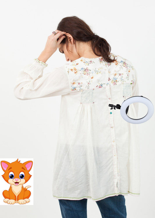 Floral Front Peasant Blouse in White