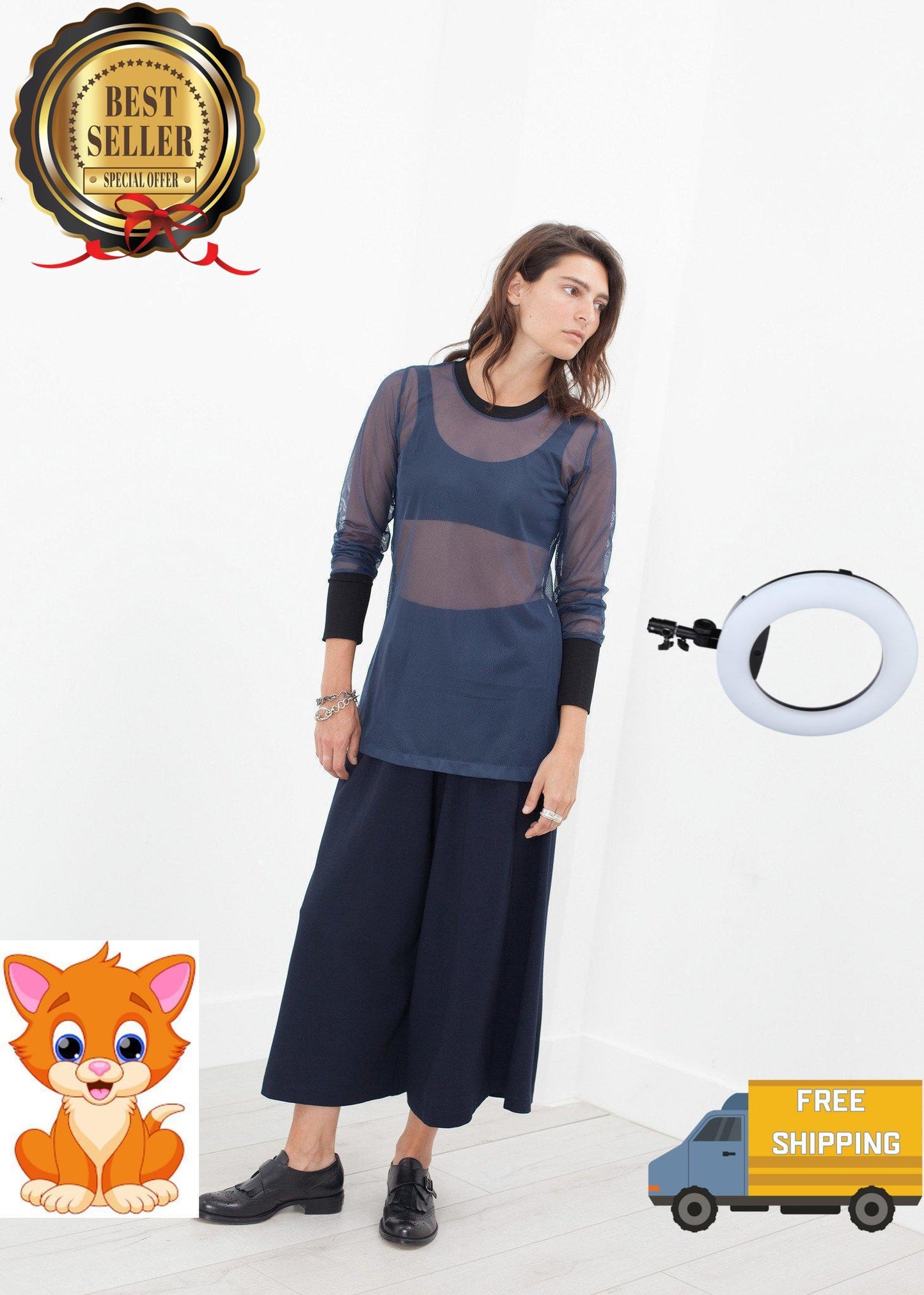 Cuffed Mesh Tee in Navy/Black