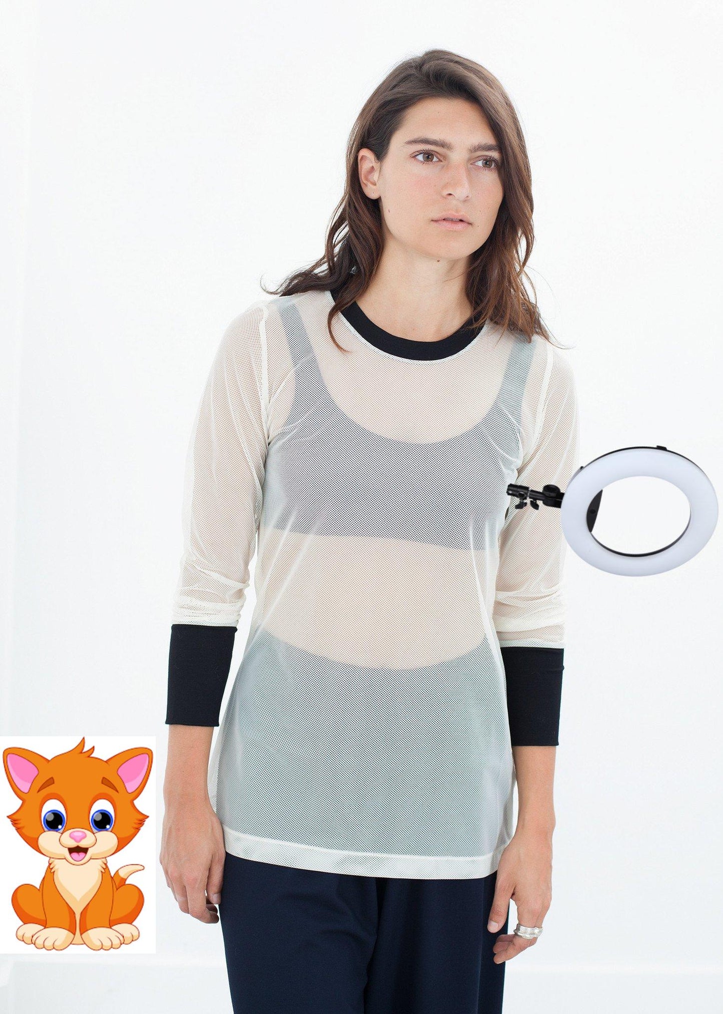 Cuffed Mesh Tee in Cream/Black