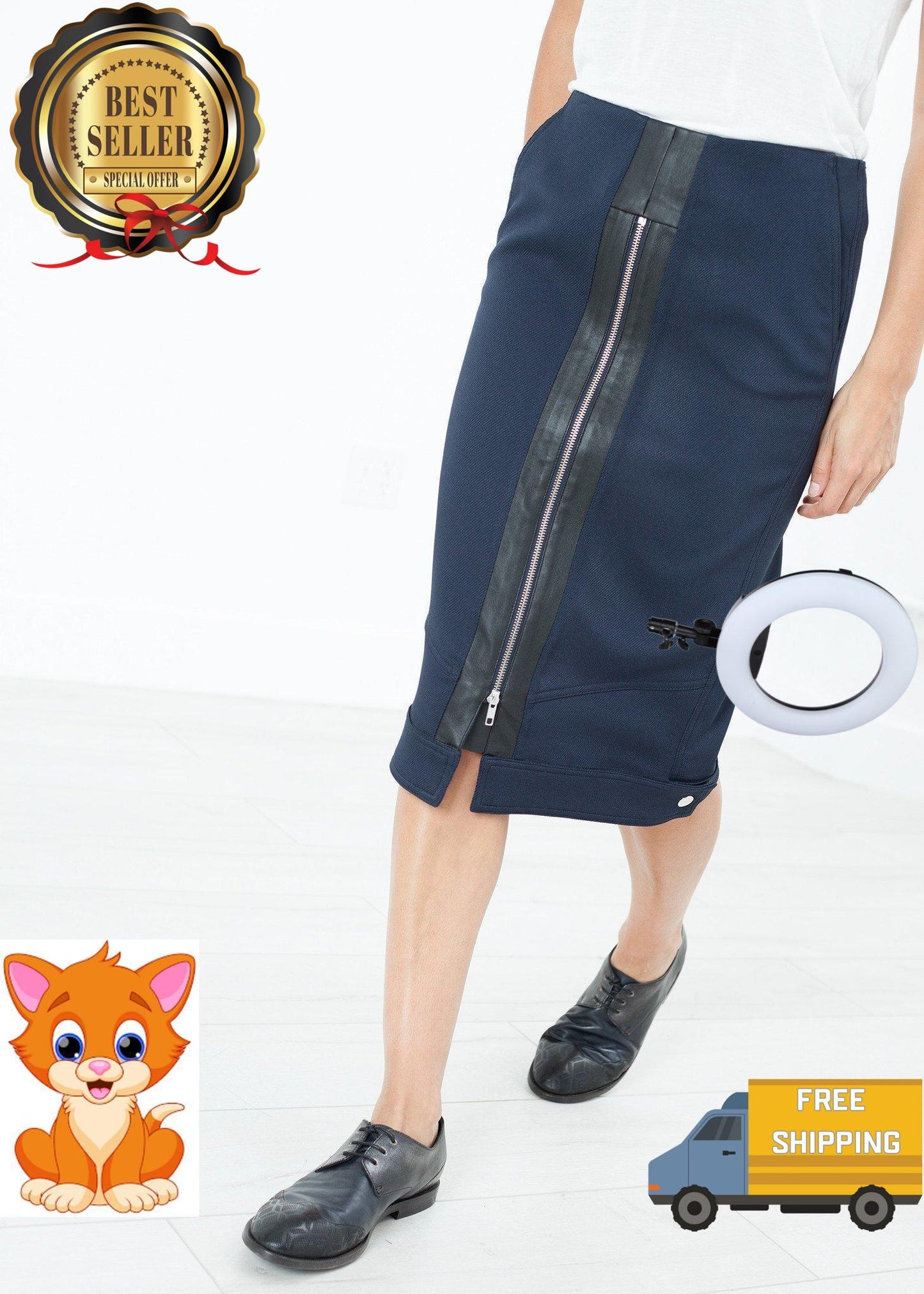 Contrast Zipper Skirt in Navy