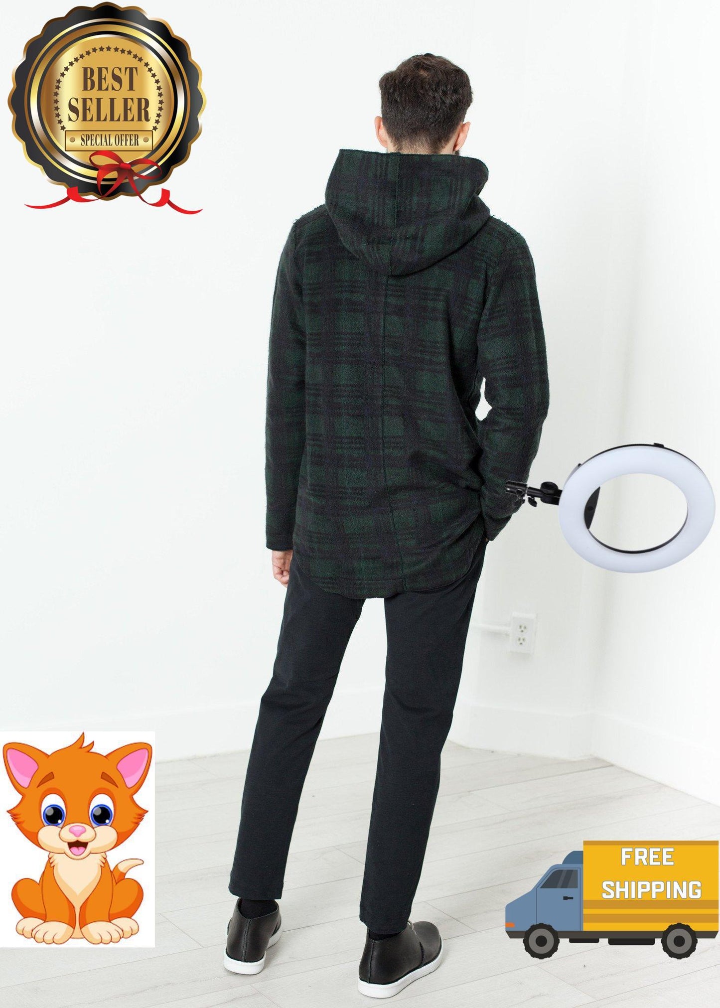 Double Breasted Hoodie in Forest Plaid
