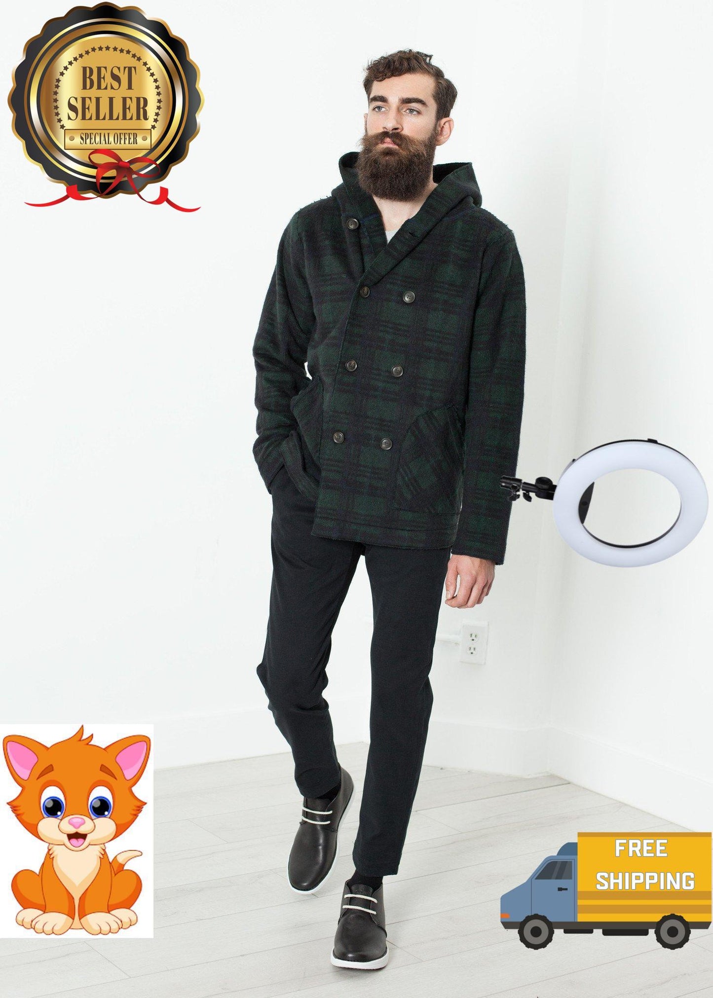 Double Breasted Hoodie in Forest Plaid