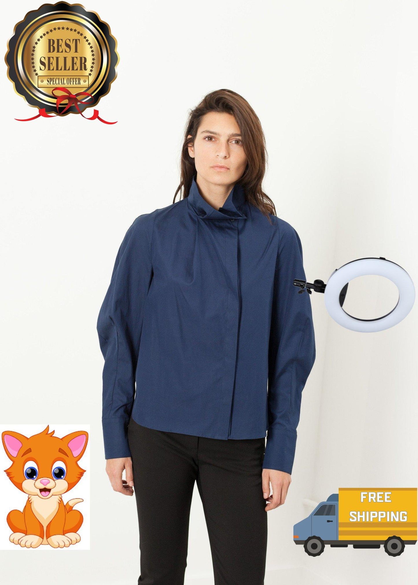 Full Collar Poplin Blouse in Navy
