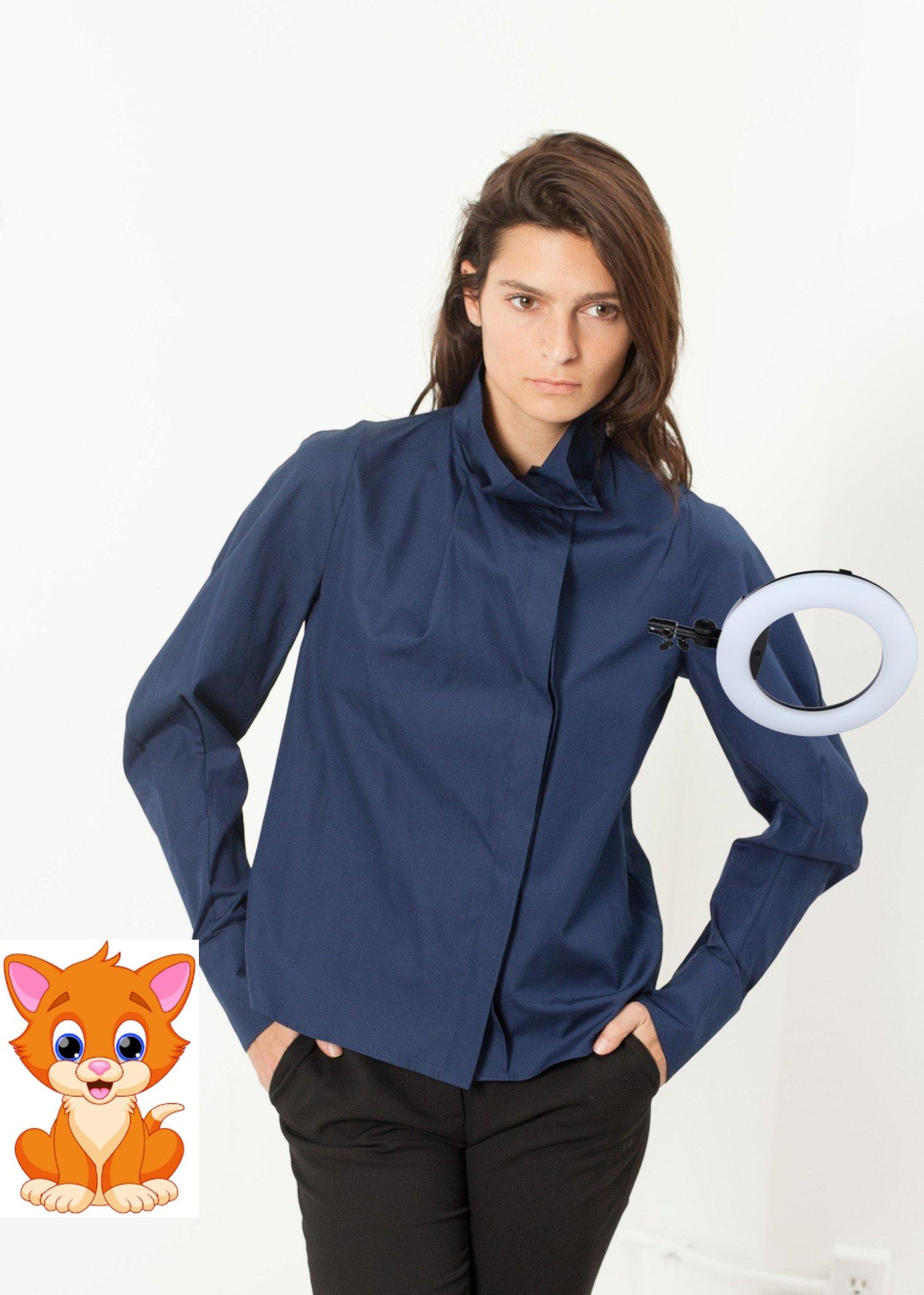 Full Collar Poplin Blouse in Navy