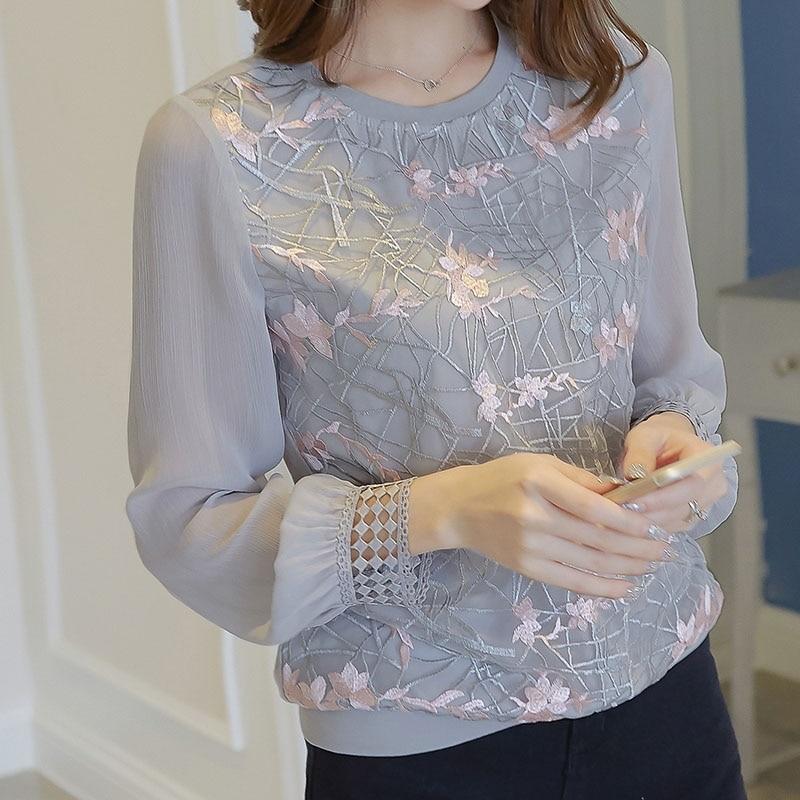 Women Long Sleeve Shirt Women New Floral Embroidery O Neck Lace Chiffon Blouses Blusa Ladies Casual Shirt Tops DF2289