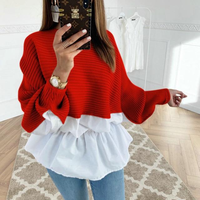 Autumn Winter Elegant Tunic Shirt Patchwork Casual O Neck Long Sleeve Ruffles Coffee Korean Blouse Shirts Street wear Clothing