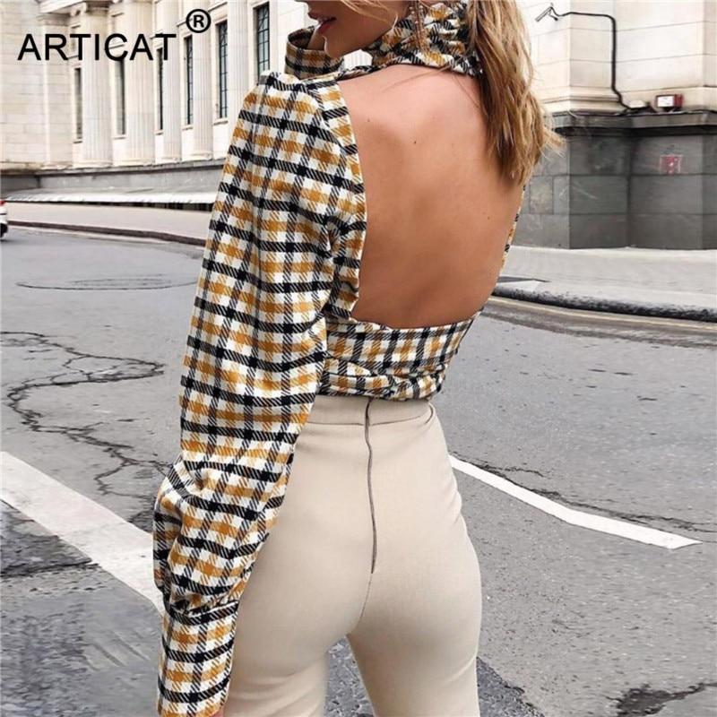 Articat Sexy Backless Turtleneck Plaid Printed Women Shirts Long Sleeve Elegant Lace up Blouse Female Fashion Summer Streetwear