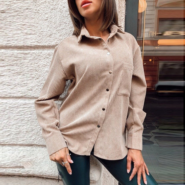 Women Casual Pockets Corduroy Velvet Blouse Long Sleeve Turn Down Collar Solid Office Lady Shirt 2019 Winter Fashion Women Tops