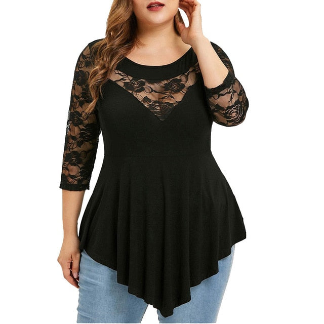 Feitong Women Blouse Plus Size Lace Ornament Hollow Out Patchwork Solid Floral O-Neck Asymmetric Three Quarter Sleeve Top Blouse