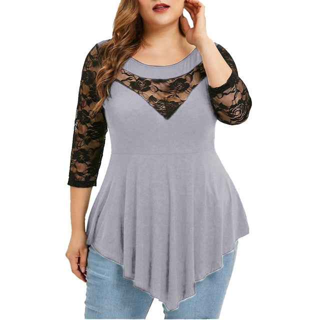 Feitong Women Blouse Plus Size Lace Ornament Hollow Out Patchwork Solid Floral O-Neck Asymmetric Three Quarter Sleeve Top Blouse