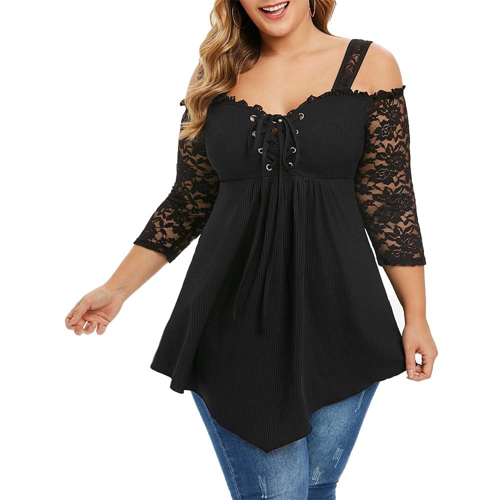 6XL Plus Size Women Shirt Off Shoulder Ladies Tops Lace Long Sleeve Black Blouses Shirt Casual Irregular Streetwear femme D30