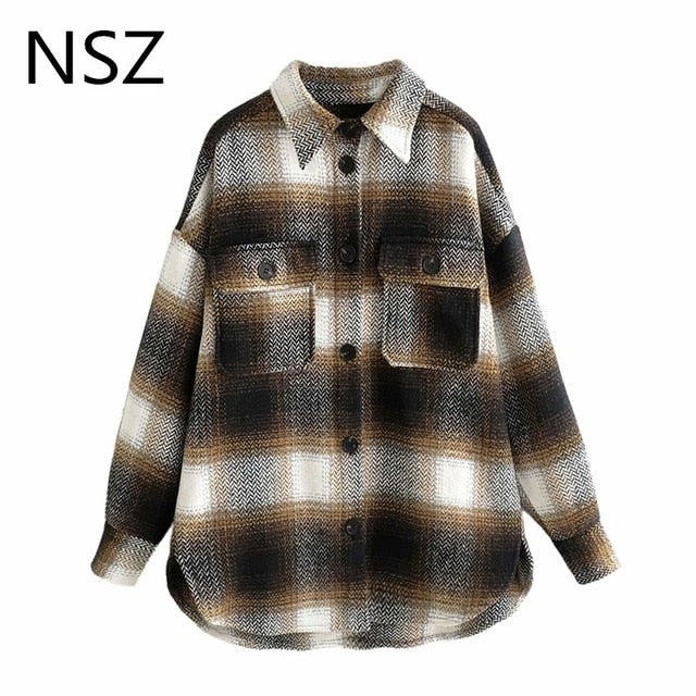 NSZ women plaid wool blouse long sleeve checked oversized woolen shirt turn down collar thick ladies vintage chic top blusa