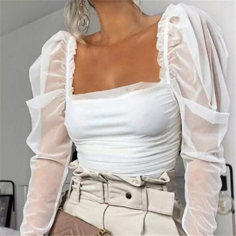 Women Sexy Stylish Solid Slim Blouse Summer Sheer Puff Sleeve Stretchy Transparent Sleeve Square Neck Female 2020 Casual Blouse