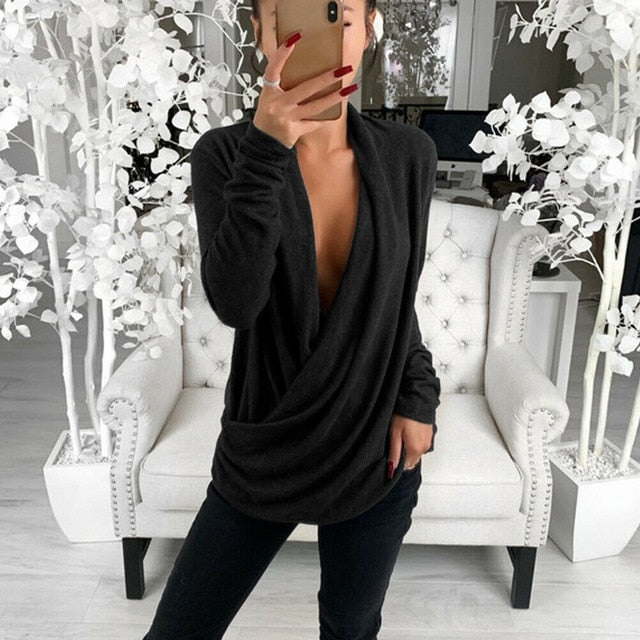 Women Sexy  Casual Loose Deep V Neck Long Sleeve Pleated Wrap Top Shirt Tunic Autumn Warm Winter Blouse Female Blusas Hot