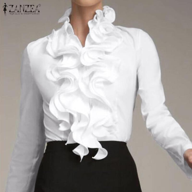 S 3XL ZANZEA Ladies Chic Tunic Tops Spring Office Ruffles Shirts Women Long Sleeve Elegant Work Flounce Blouse Female Blusas
