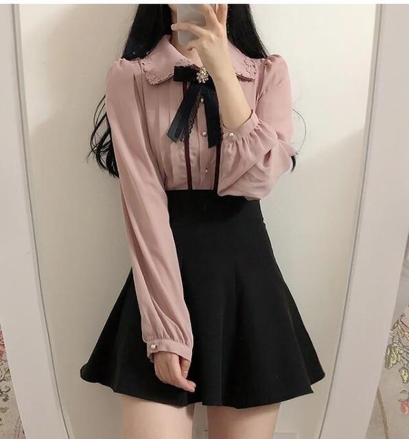 2020 Spring Women's Cute Tops Preppy Style Vintage Japaneses Korea Design Button Elegant Formal Shirts Blouses Pink White 12020