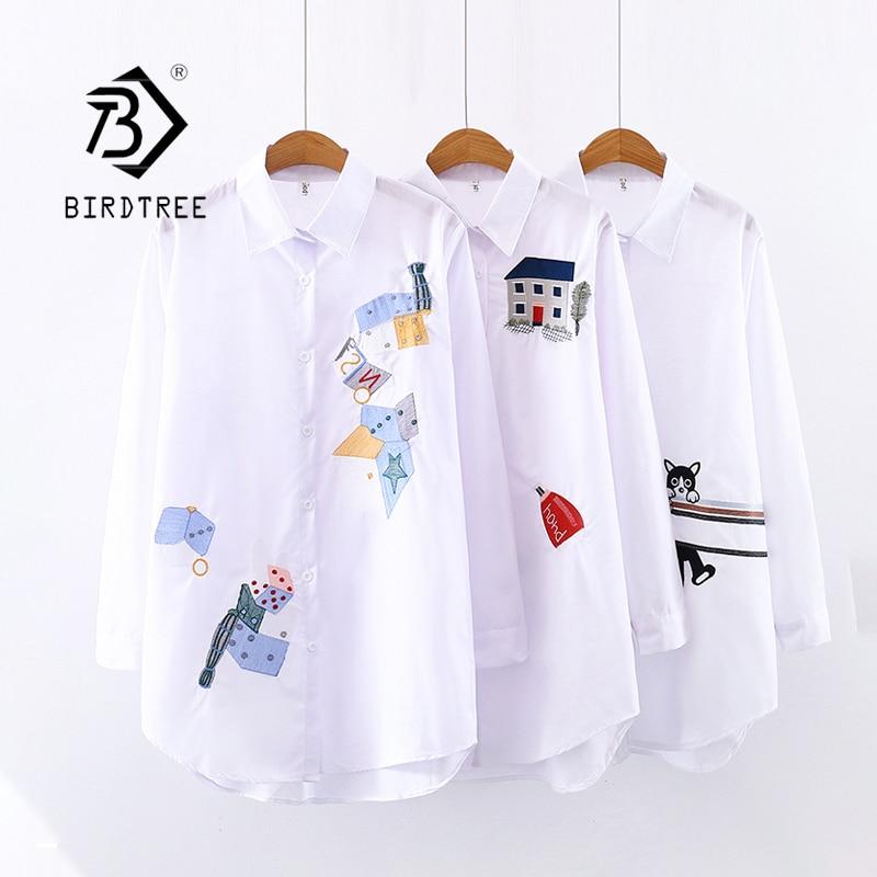 2020 New Women Embroidery Long Sleeve White Shirt Button Up Turn Down Collar Cute Cartoon Blouse Long Tops Feminina Blusas T9D62