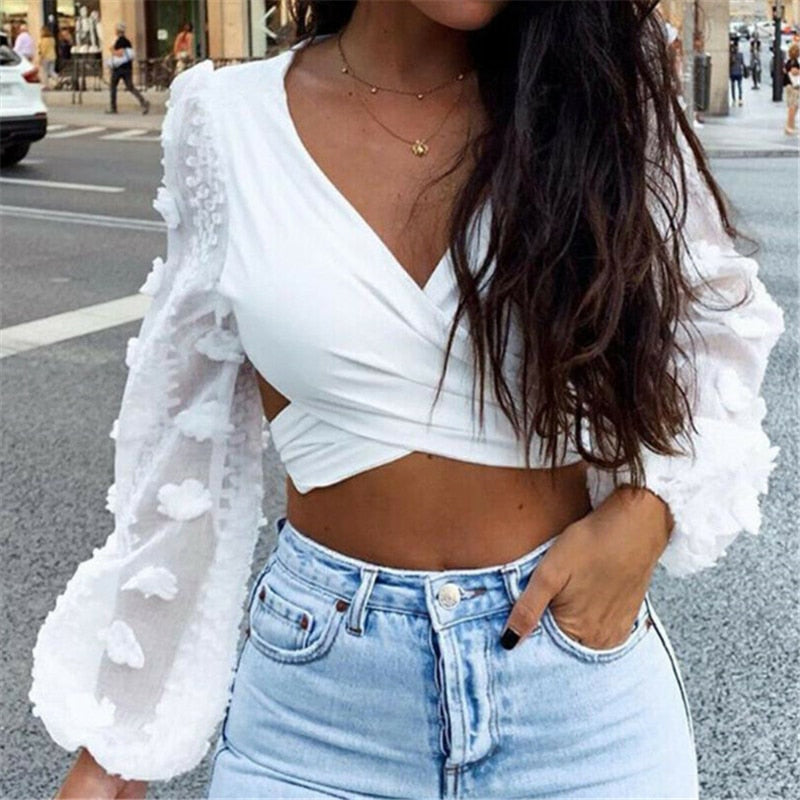 Elegant OL Women Shirts Celmia 2019 Fashion Long Lantern Sleeve Lace Blouses Sexy V Neck backless Cross Crop Tops Casual Blusas
