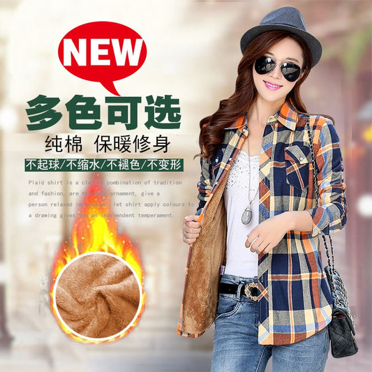 Plus Size Women Coats Winter Warm Blouses Camisa Femininas Long Sleeve Thick Velvet Plaid Shirt Flannel Shirts Full Cotton Top