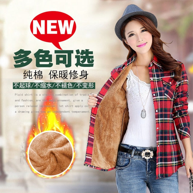 Plus Size Women Coats Winter Warm Blouses Camisa Femininas Long Sleeve Thick Velvet Plaid Shirt Flannel Shirts Full Cotton Top