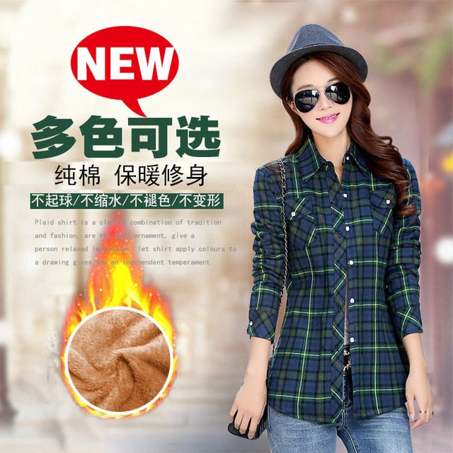 Plus Size Women Coats Winter Warm Blouses Camisa Femininas Long Sleeve Thick Velvet Plaid Shirt Flannel Shirts Full Cotton Top