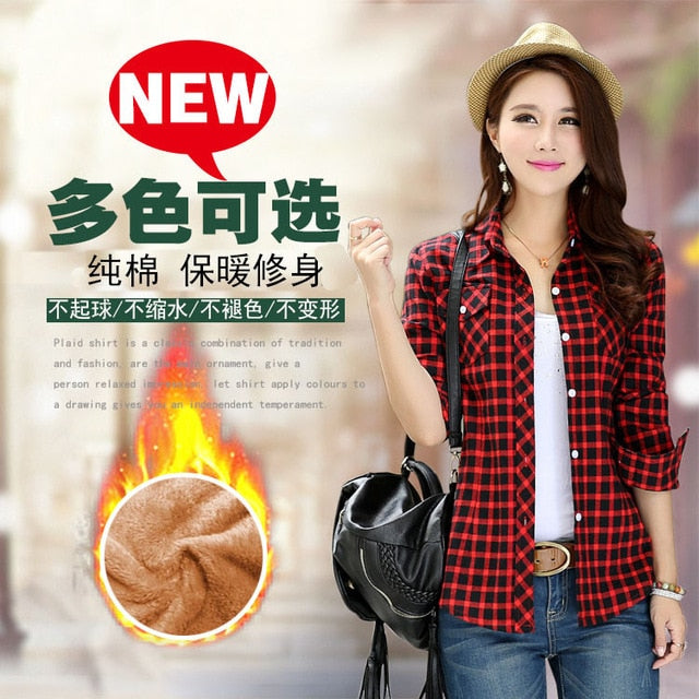 Plus Size Women Coats Winter Warm Blouses Camisa Femininas Long Sleeve Thick Velvet Plaid Shirt Flannel Shirts Full Cotton Top
