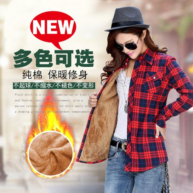 Plus Size Women Coats Winter Warm Blouses Camisa Femininas Long Sleeve Thick Velvet Plaid Shirt Flannel Shirts Full Cotton Top