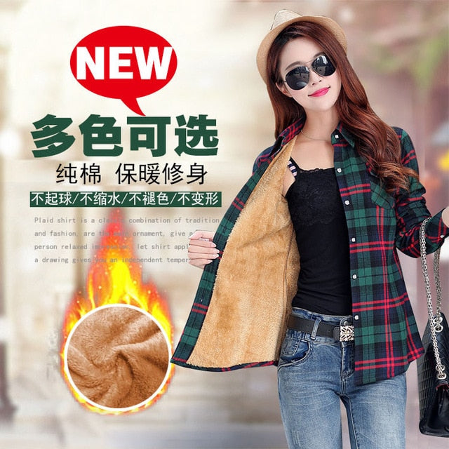 Plus Size Women Coats Winter Warm Blouses Camisa Femininas Long Sleeve Thick Velvet Plaid Shirt Flannel Shirts Full Cotton Top