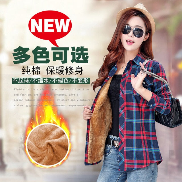 Plus Size Women Coats Winter Warm Blouses Camisa Femininas Long Sleeve Thick Velvet Plaid Shirt Flannel Shirts Full Cotton Top