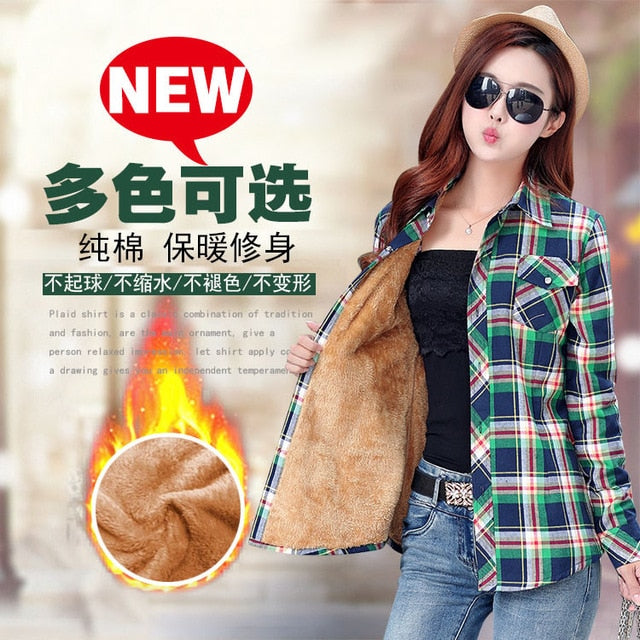 Plus Size Women Coats Winter Warm Blouses Camisa Femininas Long Sleeve Thick Velvet Plaid Shirt Flannel Shirts Full Cotton Top