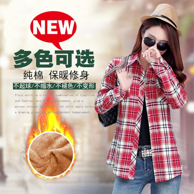 Plus Size Women Coats Winter Warm Blouses Camisa Femininas Long Sleeve Thick Velvet Plaid Shirt Flannel Shirts Full Cotton Top