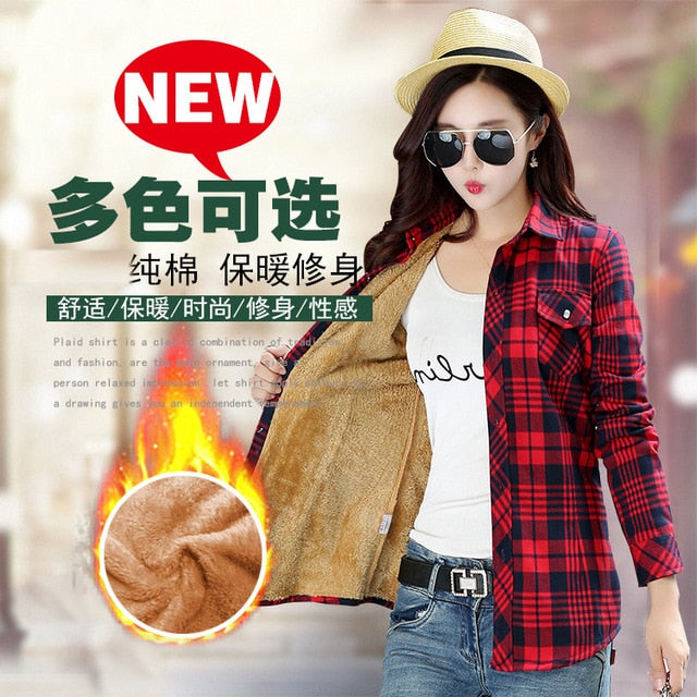 Plus Size Women Coats Winter Warm Blouses Camisa Femininas Long Sleeve Thick Velvet Plaid Shirt Flannel Shirts Full Cotton Top