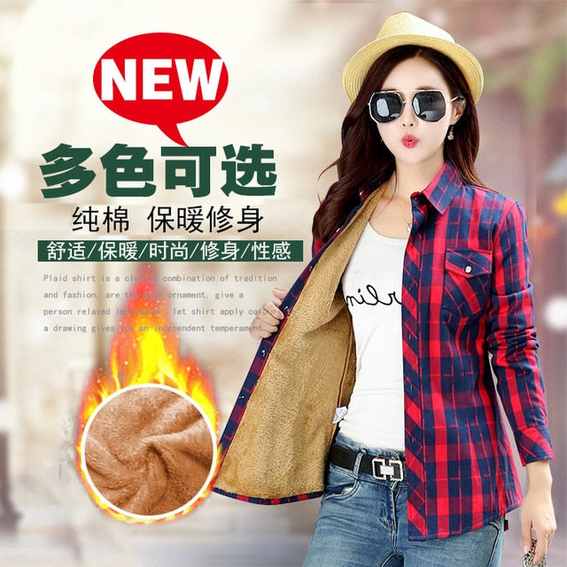 Plus Size Women Coats Winter Warm Blouses Camisa Femininas Long Sleeve Thick Velvet Plaid Shirt Flannel Shirts Full Cotton Top