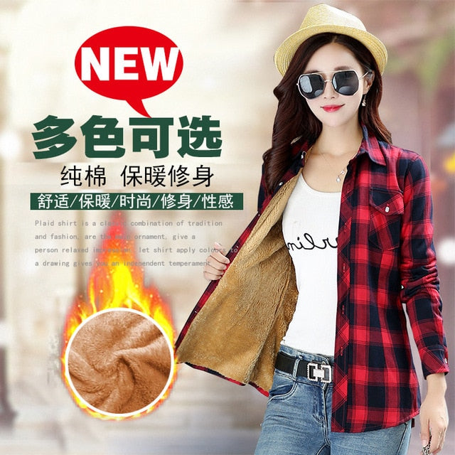 Plus Size Women Coats Winter Warm Blouses Camisa Femininas Long Sleeve Thick Velvet Plaid Shirt Flannel Shirts Full Cotton Top