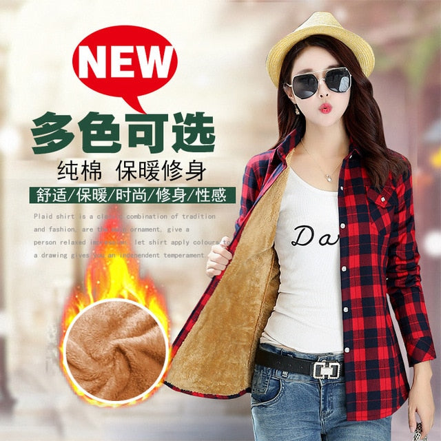 Plus Size Women Coats Winter Warm Blouses Camisa Femininas Long Sleeve Thick Velvet Plaid Shirt Flannel Shirts Full Cotton Top