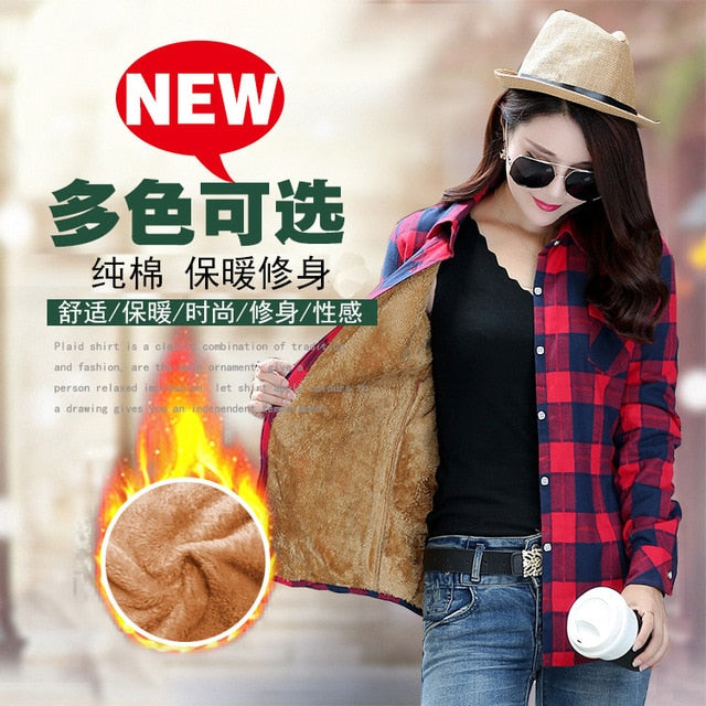 Plus Size Women Coats Winter Warm Blouses Camisa Femininas Long Sleeve Thick Velvet Plaid Shirt Flannel Shirts Full Cotton Top