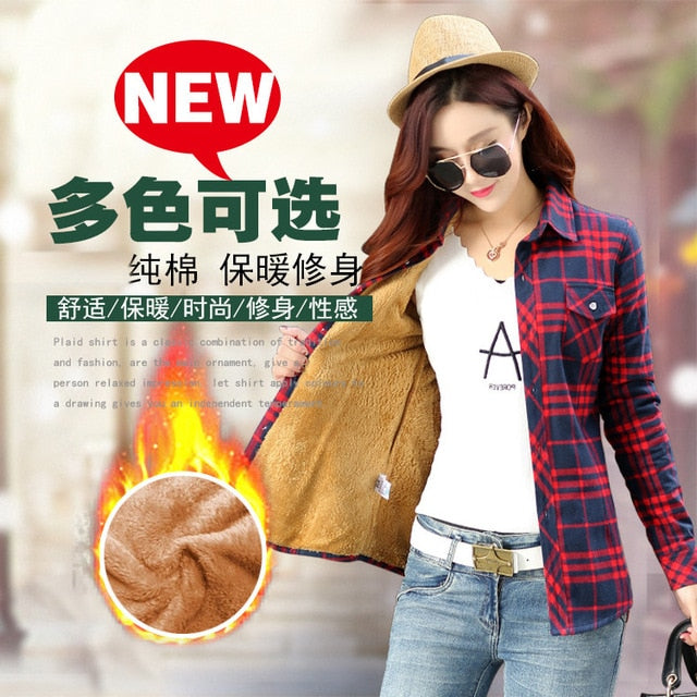 Plus Size Women Coats Winter Warm Blouses Camisa Femininas Long Sleeve Thick Velvet Plaid Shirt Flannel Shirts Full Cotton Top