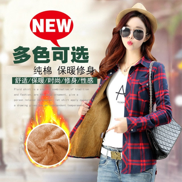 Plus Size Women Coats Winter Warm Blouses Camisa Femininas Long Sleeve Thick Velvet Plaid Shirt Flannel Shirts Full Cotton Top