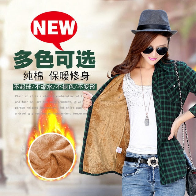 Plus Size Women Coats Winter Warm Blouses Camisa Femininas Long Sleeve Thick Velvet Plaid Shirt Flannel Shirts Full Cotton Top