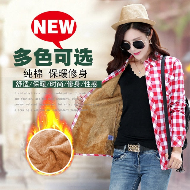 Plus Size Women Coats Winter Warm Blouses Camisa Femininas Long Sleeve Thick Velvet Plaid Shirt Flannel Shirts Full Cotton Top