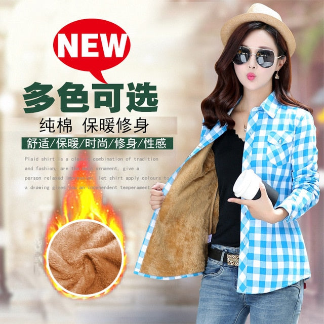 Plus Size Women Coats Winter Warm Blouses Camisa Femininas Long Sleeve Thick Velvet Plaid Shirt Flannel Shirts Full Cotton Top