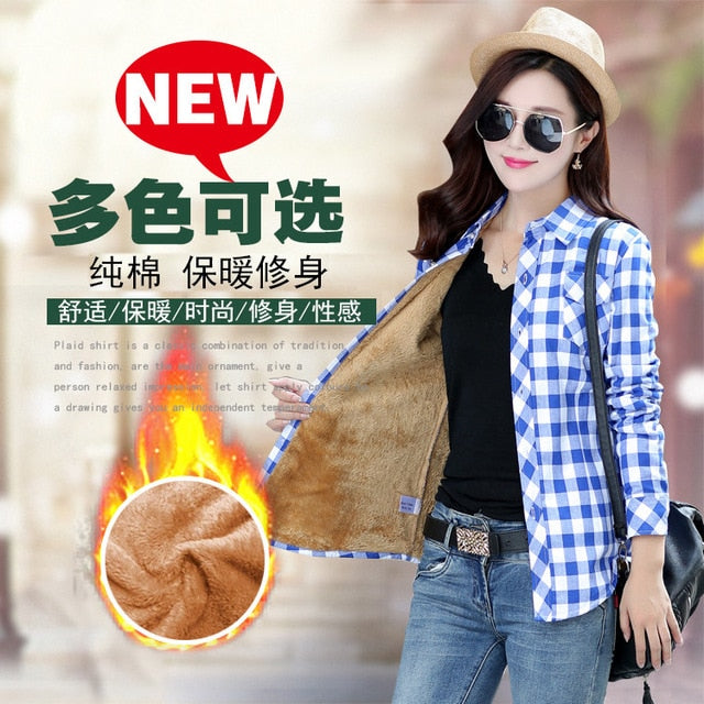 Plus Size Women Coats Winter Warm Blouses Camisa Femininas Long Sleeve Thick Velvet Plaid Shirt Flannel Shirts Full Cotton Top