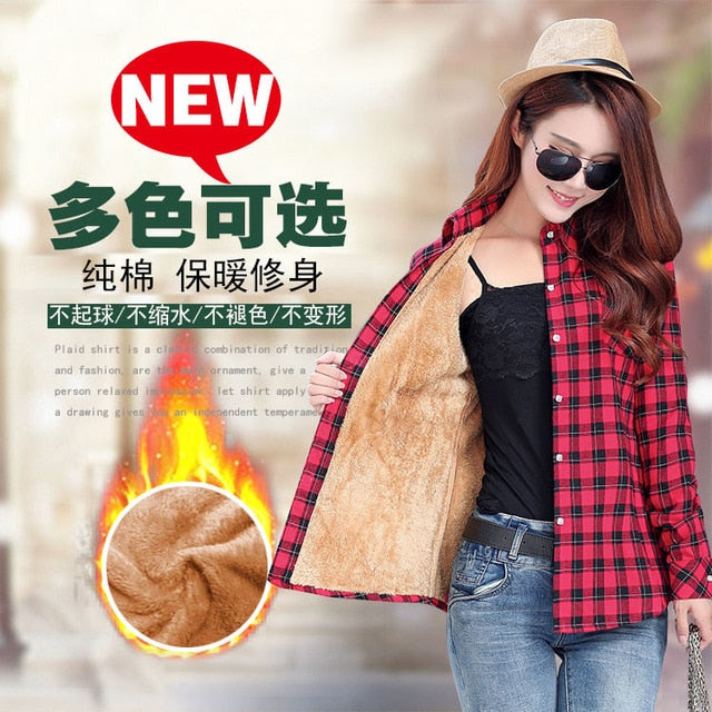 Plus Size Women Coats Winter Warm Blouses Camisa Femininas Long Sleeve Thick Velvet Plaid Shirt Flannel Shirts Full Cotton Top