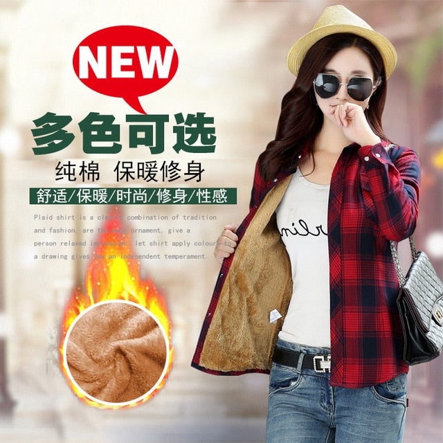 Plus Size Women Coats Winter Warm Blouses Camisa Femininas Long Sleeve Thick Velvet Plaid Shirt Flannel Shirts Full Cotton Top