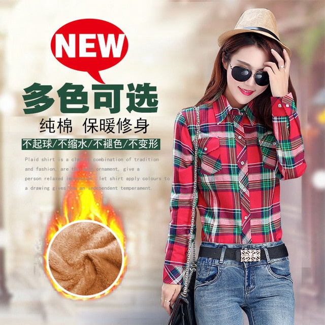 Plus Size Women Coats Winter Warm Blouses Camisa Femininas Long Sleeve Thick Velvet Plaid Shirt Flannel Shirts Full Cotton Top