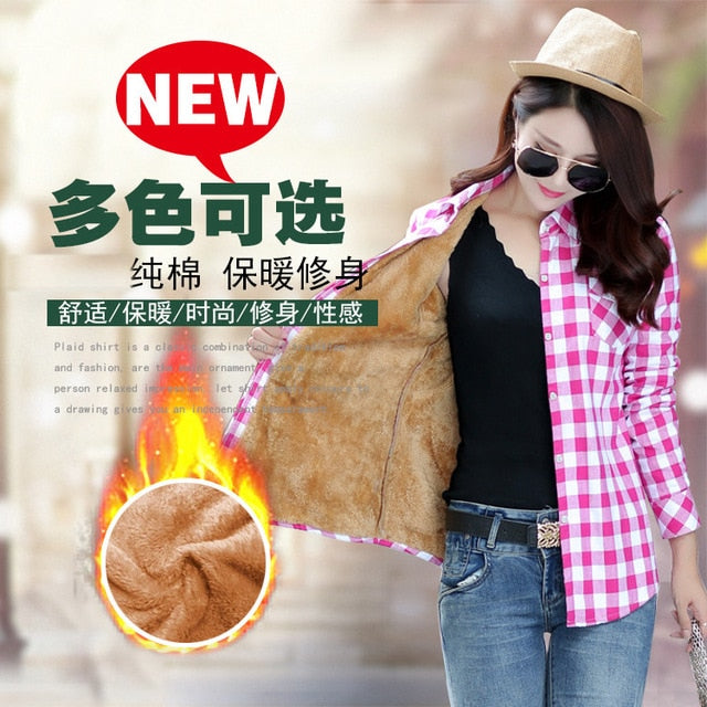 Plus Size Women Coats Winter Warm Blouses Camisa Femininas Long Sleeve Thick Velvet Plaid Shirt Flannel Shirts Full Cotton Top