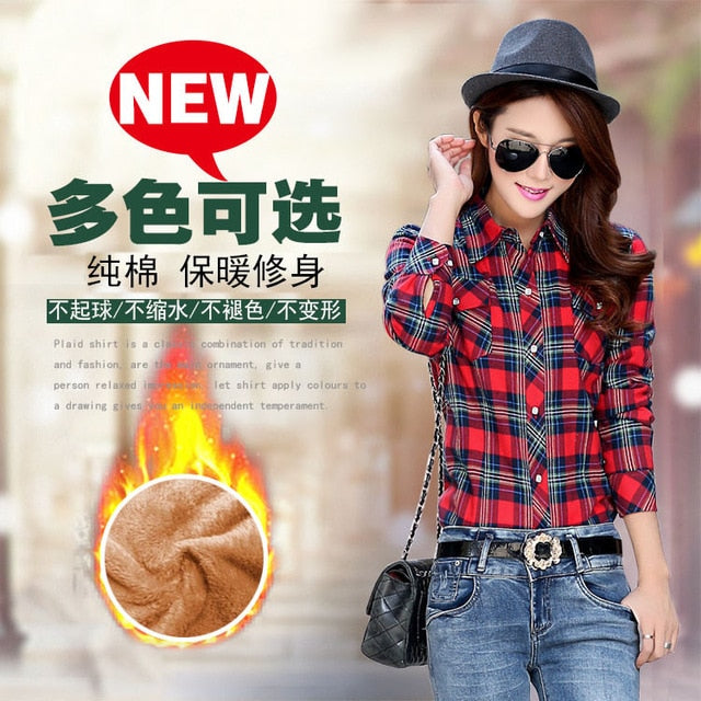 Plus Size Women Coats Winter Warm Blouses Camisa Femininas Long Sleeve Thick Velvet Plaid Shirt Flannel Shirts Full Cotton Top