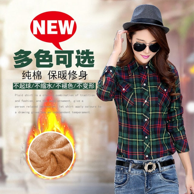 Plus Size Women Coats Winter Warm Blouses Camisa Femininas Long Sleeve Thick Velvet Plaid Shirt Flannel Shirts Full Cotton Top