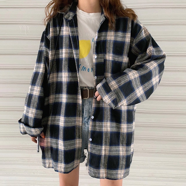 New Arrival Women Batwing Sleeve Oversize Harajuku Plaid Shirt Turn-down Collar Button Up Retro Brushed Blouse Feminina Blusa T9