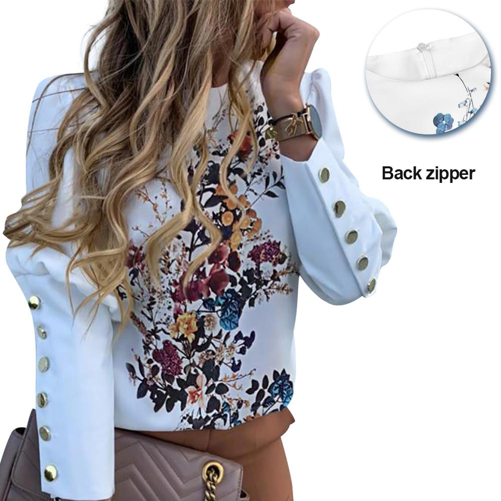 Floral Printed Puff Sleeve Shirts Letter Tops Metal Button Detail Fashion Casual Blouse Office Ladies Blouse Female D20